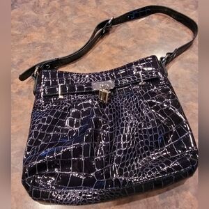 JESSICA Faux Patent Leather Bag, Dark Blue Croc Pattern, Adjustable Strap